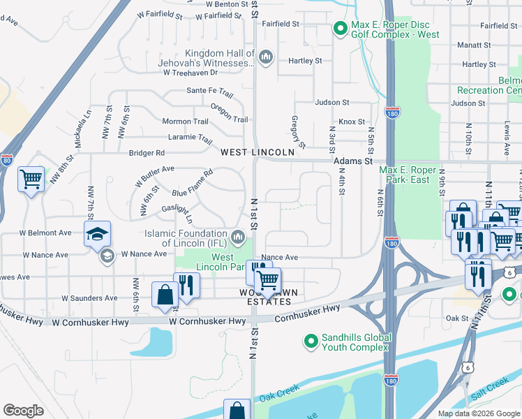 map of restaurants, bars, coffee shops, grocery stores, and more near 2730 North 1st Street in Lincoln