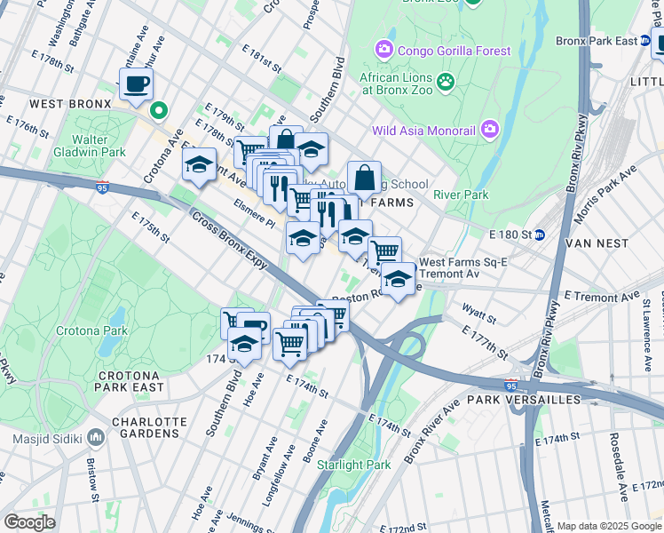 map of restaurants, bars, coffee shops, grocery stores, and more near 1920 Daly Avenue in Bronx