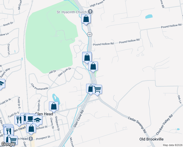 map of restaurants, bars, coffee shops, grocery stores, and more near 610 Cedar Swamp Road in Glen Head