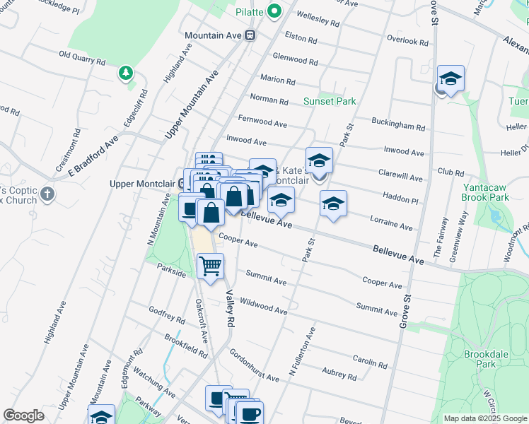 map of restaurants, bars, coffee shops, grocery stores, and more near 185 Bellevue Avenue in Montclair