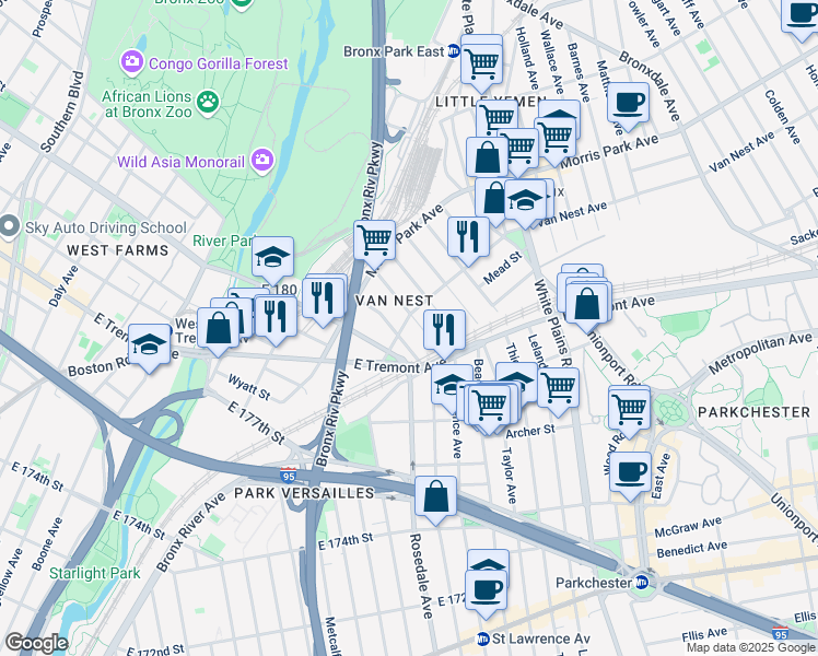 map of restaurants, bars, coffee shops, grocery stores, and more near 500 Van Nest Avenue in Bronx