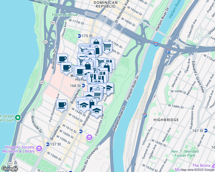 map of restaurants, bars, coffee shops, grocery stores, and more near 2207 Amsterdam Avenue in New York