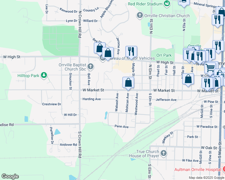 map of restaurants, bars, coffee shops, grocery stores, and more near West Market Street in Orrville
