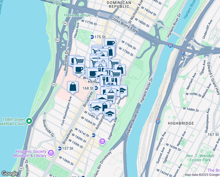 map of restaurants, bars, coffee shops, grocery stores, and more near 516 West 169th Street in New York