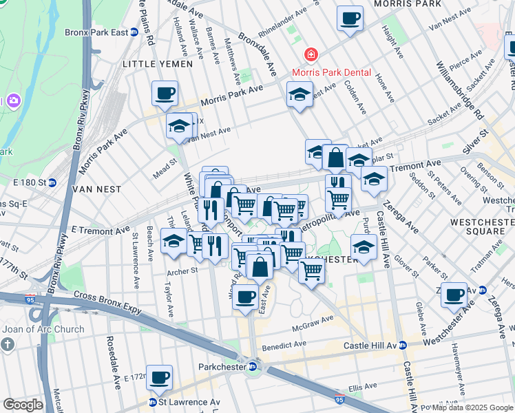 map of restaurants, bars, coffee shops, grocery stores, and more near 1970 East Tremont Avenue in Bronx