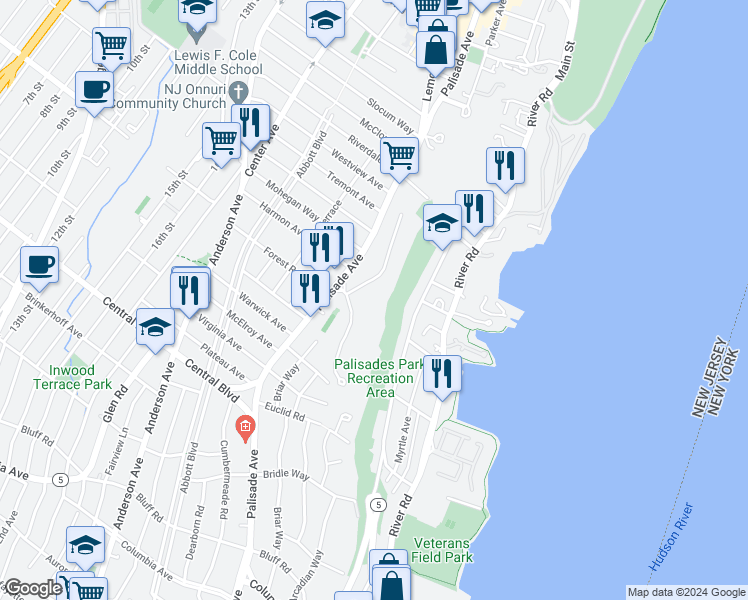map of restaurants, bars, coffee shops, grocery stores, and more near 6 Horizon Road in Fort Lee