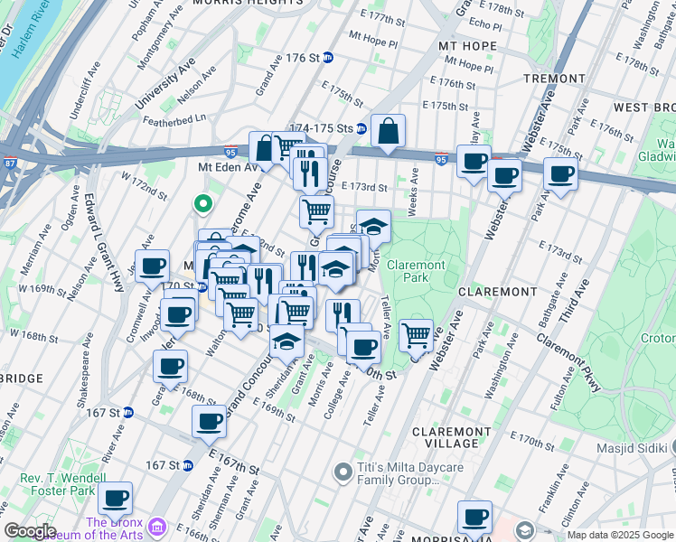 map of restaurants, bars, coffee shops, grocery stores, and more near 1504 Sheridan Avenue in Bronx