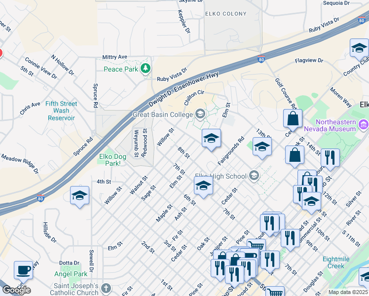 map of restaurants, bars, coffee shops, grocery stores, and more near 821 Sage Street in Elko