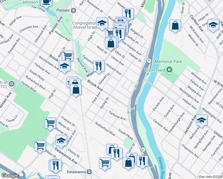map of restaurants, bars, coffee shops, grocery stores, and more near 88 Brook Avenue in Passaic
