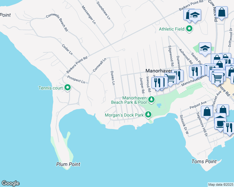 map of restaurants, bars, coffee shops, grocery stores, and more near 2 Dunes Lane in Port Washington