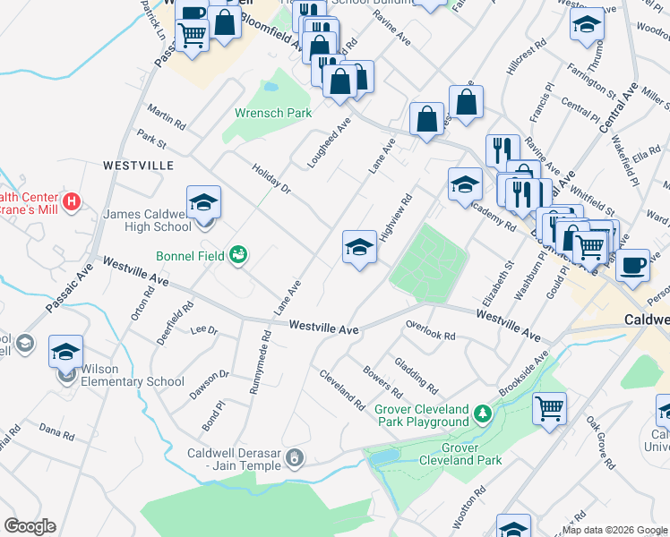 map of restaurants, bars, coffee shops, grocery stores, and more near 18 Park Terrace in West Caldwell