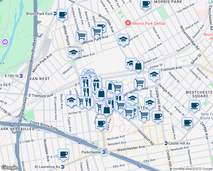 map of restaurants, bars, coffee shops, grocery stores, and more near 1505 Metropolitan Avenue in Bronx