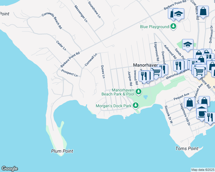 map of restaurants, bars, coffee shops, grocery stores, and more near 2 Dunes Lane in Port Washington