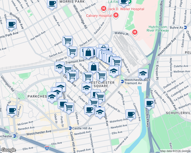 map of restaurants, bars, coffee shops, grocery stores, and more near 2476 Saint Raymond Avenue in Bronx