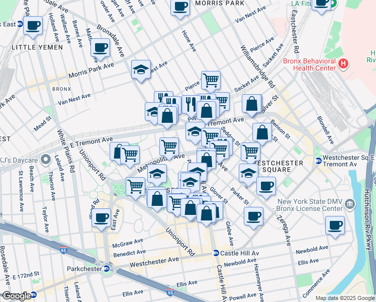 map of restaurants, bars, coffee shops, grocery stores, and more near 1700 Metropolitan Avenue in Bronx