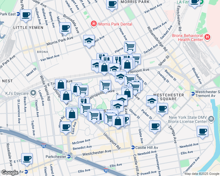 map of restaurants, bars, coffee shops, grocery stores, and more near 1669 Metropolitan Avenue in Bronx