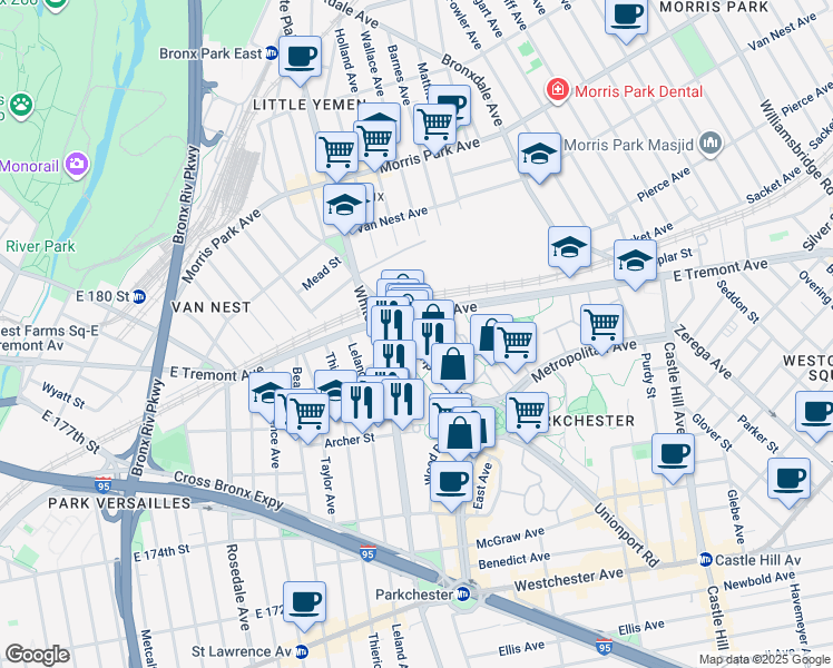 map of restaurants, bars, coffee shops, grocery stores, and more near 1619 Unionport Road in The Bronx