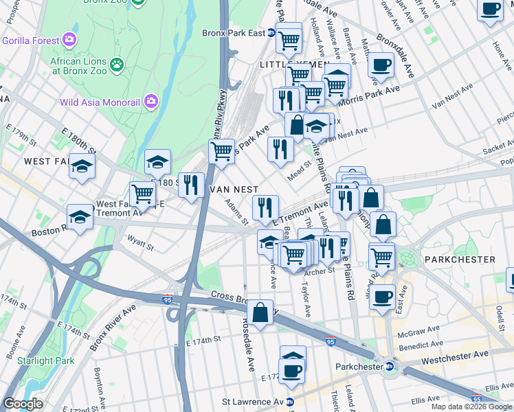 map of restaurants, bars, coffee shops, grocery stores, and more near 1608 Van Buren Street in Bronx