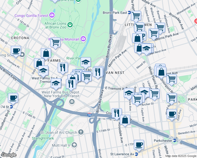 map of restaurants, bars, coffee shops, grocery stores, and more near 445 Morris Park Avenue in The Bronx