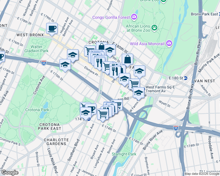 map of restaurants, bars, coffee shops, grocery stores, and more near 1920 Daly Avenue in Bronx