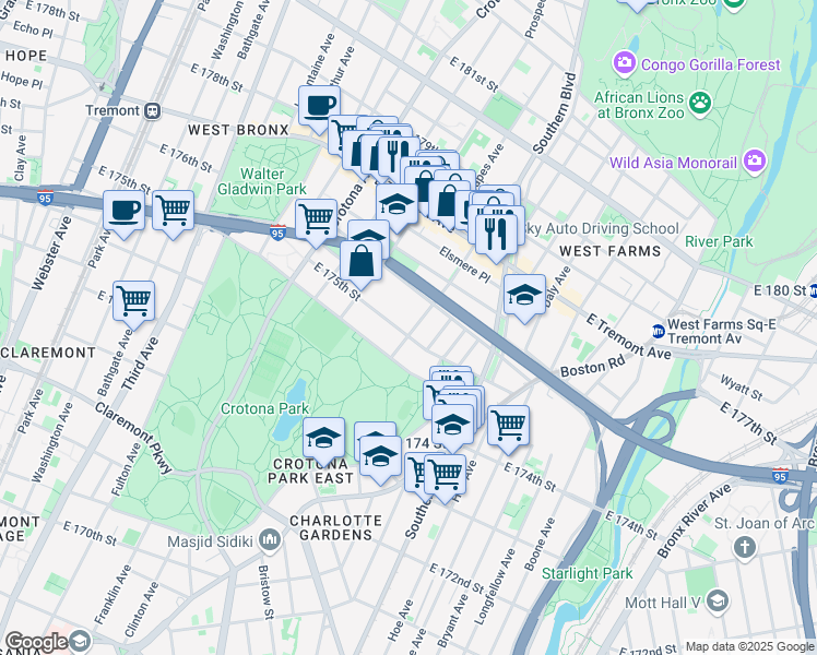 map of restaurants, bars, coffee shops, grocery stores, and more near 816 East 175th Street in The Bronx