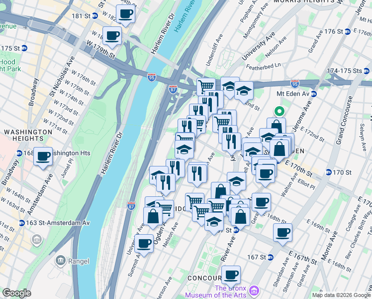 map of restaurants, bars, coffee shops, grocery stores, and more near 1304 Merriam Avenue in Bronx