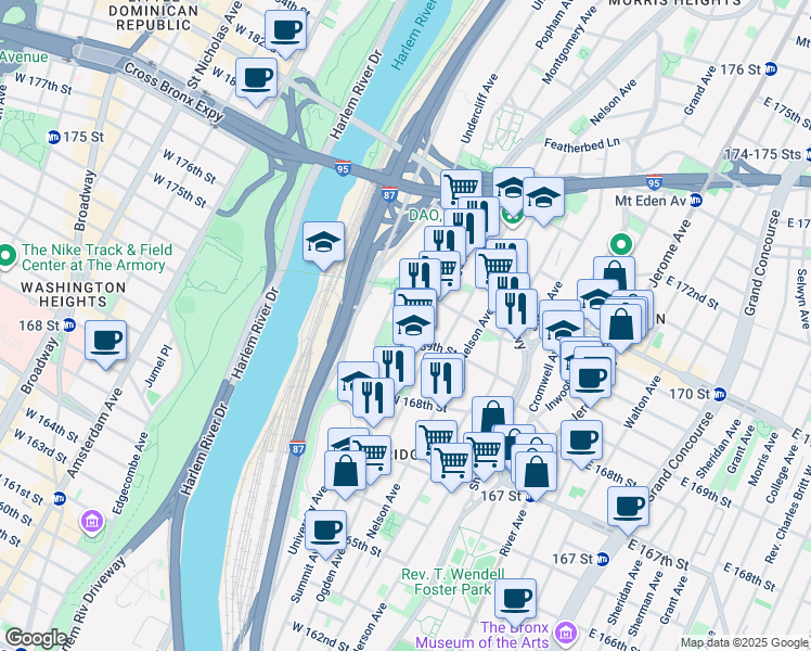 map of restaurants, bars, coffee shops, grocery stores, and more near 1304 Merriam Avenue in Bronx