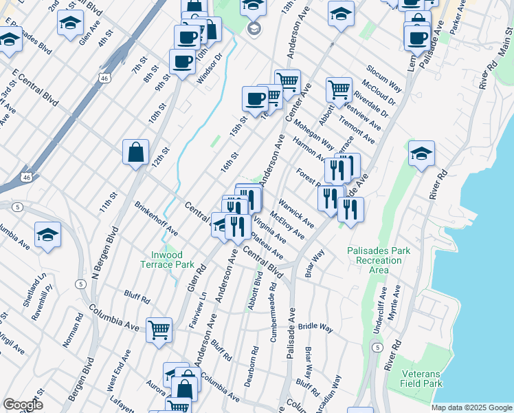 map of restaurants, bars, coffee shops, grocery stores, and more near 270 McElroy Avenue in Fort Lee