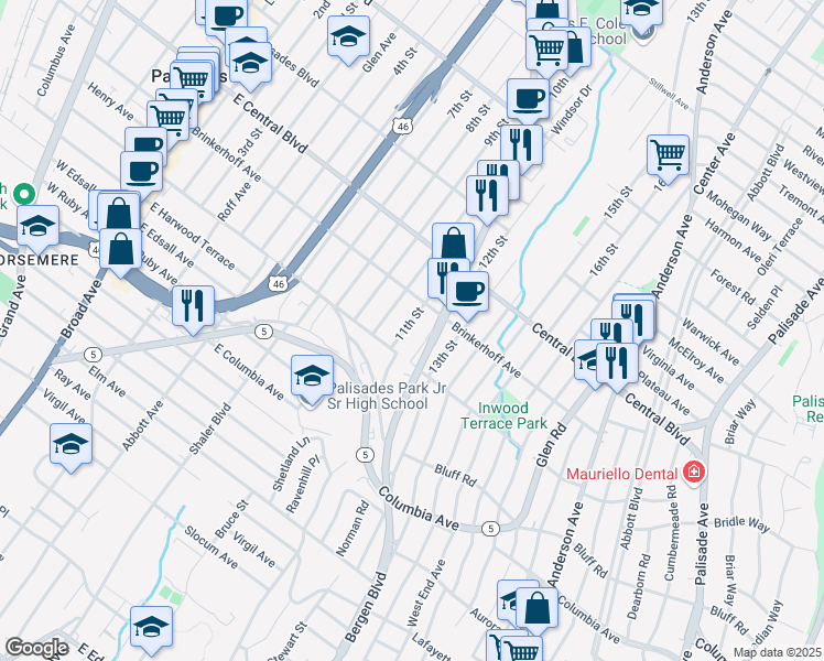 map of restaurants, bars, coffee shops, grocery stores, and more near 221 12th Street in Palisades Park
