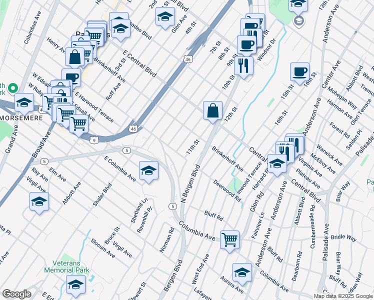 map of restaurants, bars, coffee shops, grocery stores, and more near 207A 11th Street in Palisades Park