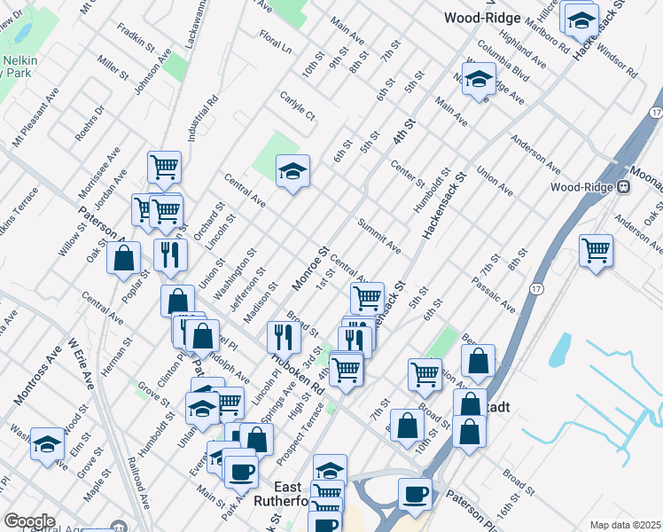 map of restaurants, bars, coffee shops, grocery stores, and more near 476 Central Avenue in Carlstadt