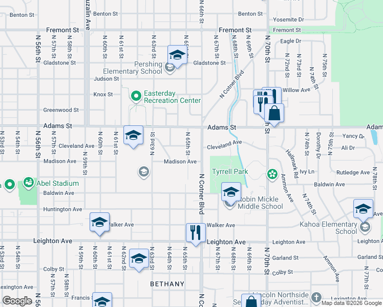 map of restaurants, bars, coffee shops, grocery stores, and more near 2810 North 65th Street in Lincoln