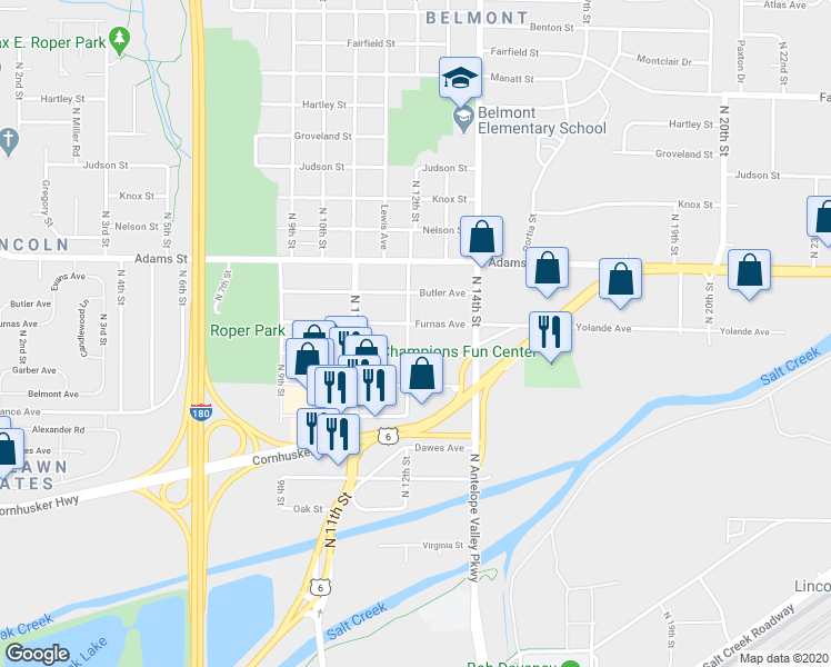 map of restaurants, bars, coffee shops, grocery stores, and more near 1220 Garber Avenue in Lincoln