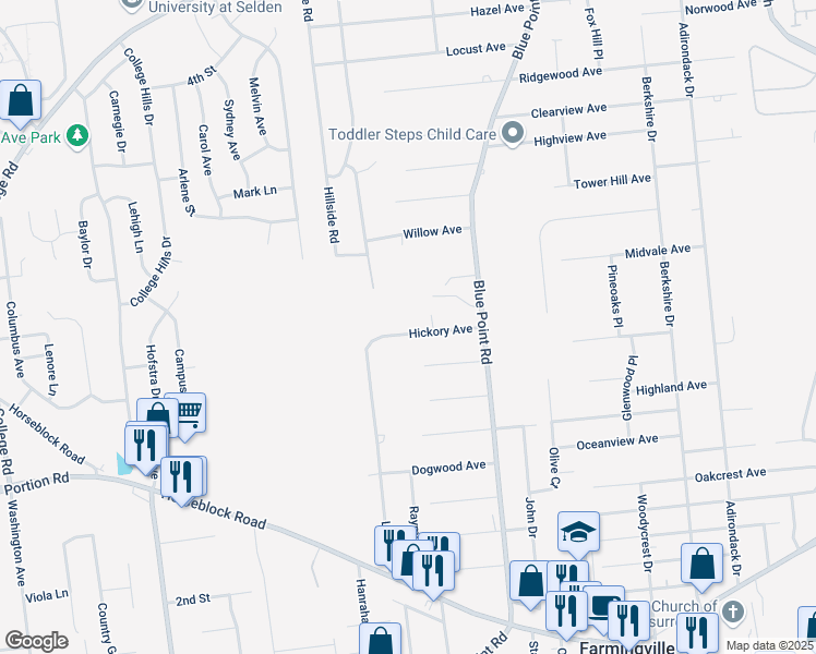 map of restaurants, bars, coffee shops, grocery stores, and more near 33 Hickory Avenue in Farmingville