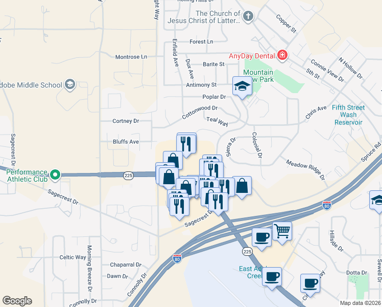 map of restaurants, bars, coffee shops, grocery stores, and more near 2944 Mountain City Highway in Elko