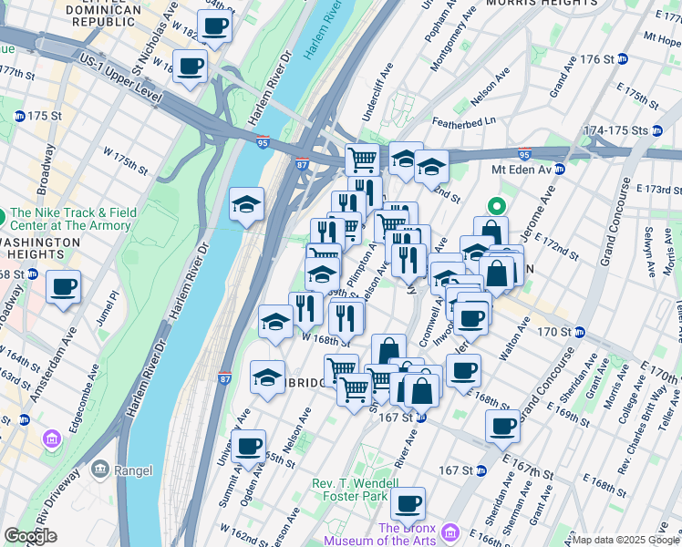 map of restaurants, bars, coffee shops, grocery stores, and more near 1334 Ogden Avenue in Bronx