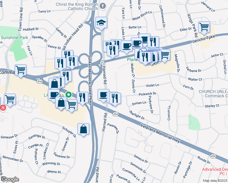 map of restaurants, bars, coffee shops, grocery stores, and more near 22 Smiths Lane in Commack