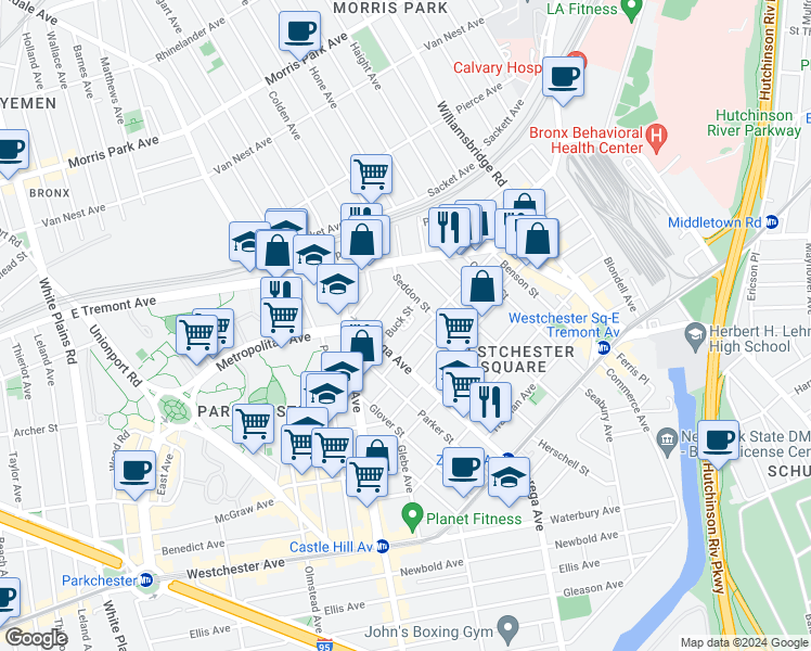 map of restaurants, bars, coffee shops, grocery stores, and more near 2426 Buck Street in Bronx