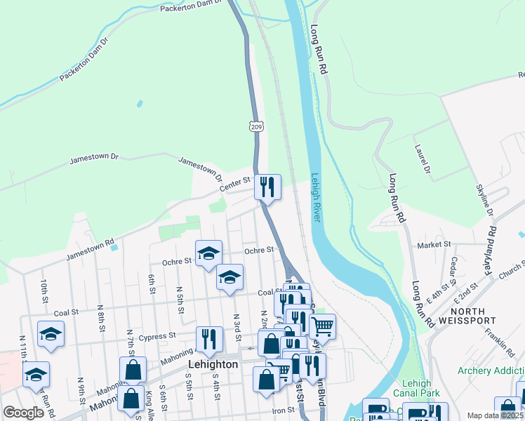 map of restaurants, bars, coffee shops, grocery stores, and more near 490 North 1st Street in Lehighton