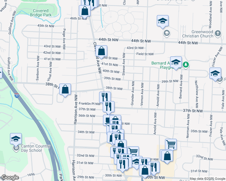 map of restaurants, bars, coffee shops, grocery stores, and more near 1710 38th Street Northwest in Canton