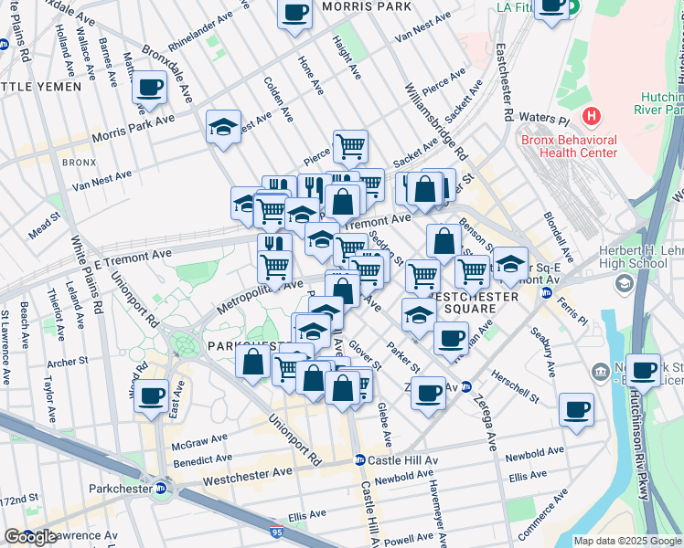 map of restaurants, bars, coffee shops, grocery stores, and more near 1750 Zerega Avenue in Bronx