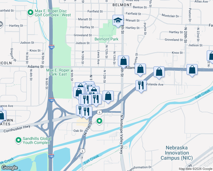 map of restaurants, bars, coffee shops, grocery stores, and more near 1220 Garber Avenue in Lincoln