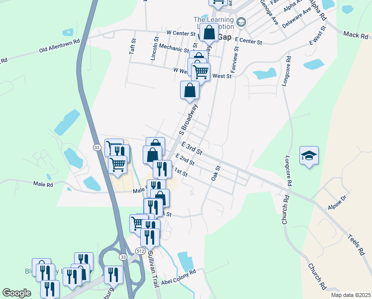 map of restaurants, bars, coffee shops, grocery stores, and more near 40 East 2nd Street in Wind Gap