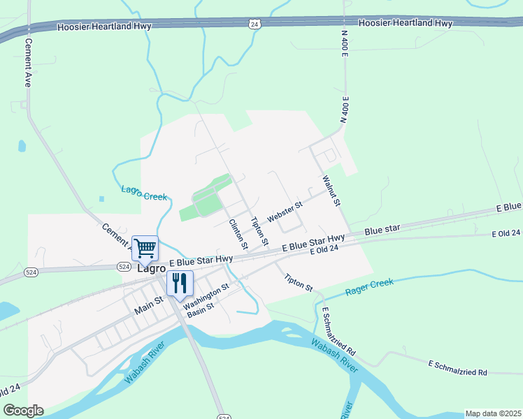 map of restaurants, bars, coffee shops, grocery stores, and more near 312-315 Webster Street in Lagro