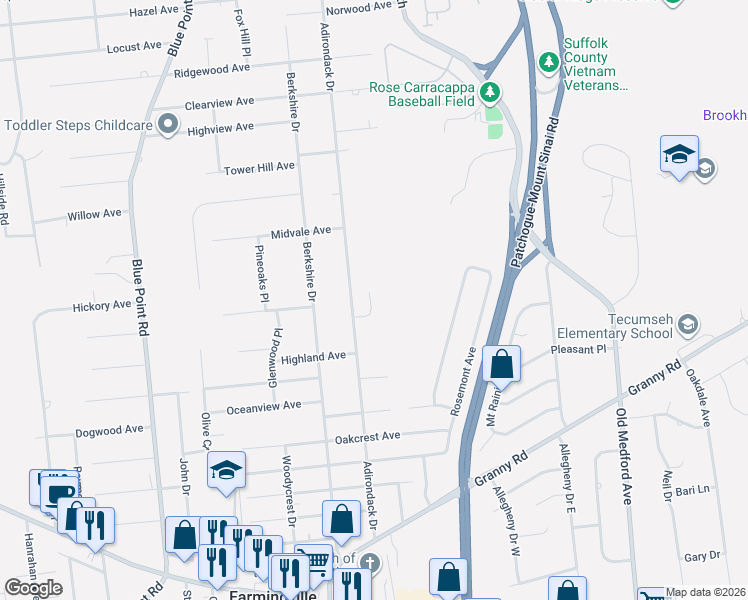 map of restaurants, bars, coffee shops, grocery stores, and more near 385 Adirondack Drive in Farmingville