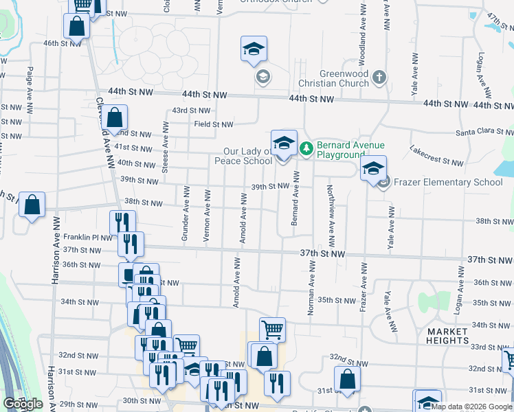 map of restaurants, bars, coffee shops, grocery stores, and more near 1114 38th Street Northwest in Canton