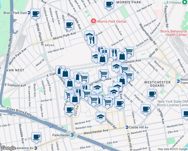 map of restaurants, bars, coffee shops, grocery stores, and more near 1507 Metropolitan Avenue in Bronx