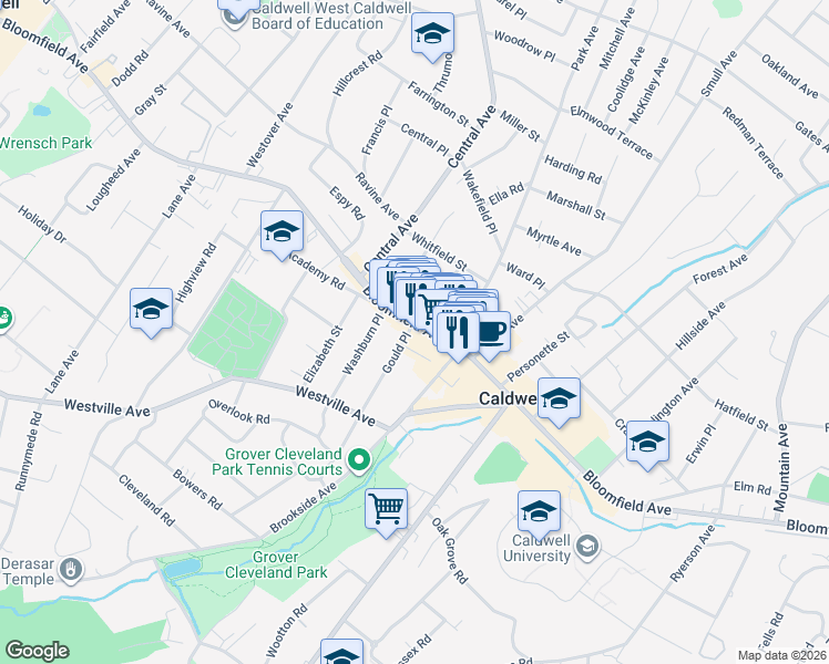 map of restaurants, bars, coffee shops, grocery stores, and more near 2 Gould Place in Caldwell
