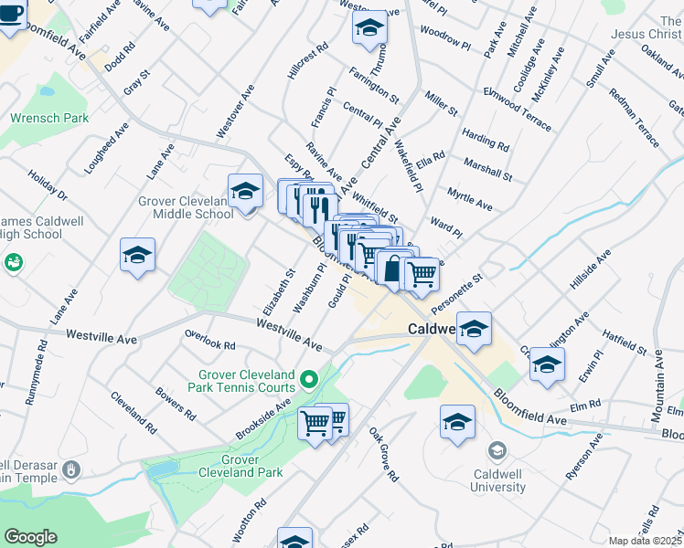 map of restaurants, bars, coffee shops, grocery stores, and more near 5 Gould Place in Caldwell