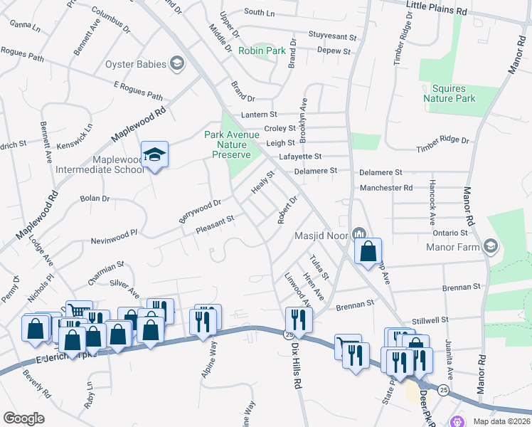 map of restaurants, bars, coffee shops, grocery stores, and more near 9 Donald Lane in Huntington